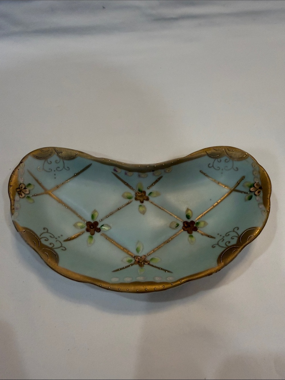 Vintage Decorative Porcelain Dish in Pale Blue with Gold Trim